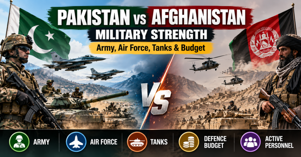 ## Pakistan vs Afghanistan Border Tensions in 2026**Pakistan–Afghanistan border tensions in 2026** have remained elevated because of militant violence, cross-border security disputes, and continuing disagreements over responsibility for attacks near the frontier.A central issue is the **Tehrik-e-Taliban Pakistan (TTP)**, which is separate from Afghanistan’s governing Taliban movement. Pakistan has accused TTP militants of operating from Afghan territory, while Taliban authorities have denied allowing Afghanistan to be used for attacks against Pakistan.Relations deteriorated further during 2026 following **cross-border violence, Pakistani airstrikes, and periodic border clashes**, including serious confrontations reported in February and October.These tensions show why **military strength and border security are not the same thing**. Pakistan has a much larger conventional military, but troop numbers, fighter jets, and tanks alone cannot explain the political, geographic, and militant-security challenges along the shared border.## Who Has the Stronger Military: Pakistan or Afghanistan in 2026?**Pakistan has the stronger conventional military than Afghanistan in 2026.**Pakistan ranks **14th** in the 2026 Global Firepower ranking, compared with **121st for Afghanistan**, and maintains major advantages in **active personnel, fighter aircraft, tanks, artillery, naval strength, defense spending, and military infrastructure**.The difference is especially large in **air power and heavy conventional weapons**. Pakistan operates an established air force, mechanized land forces, artillery formations, and a navy, while Afghanistan’s documented capabilities in these areas remain much smaller.Pakistan also possesses **nuclear weapons**, giving it a strategic capability that Afghanistan does not have.Afghanistan nevertheless presents a different type of security environment. Its Taliban-controlled forces, inherited military equipment, mountainous terrain, and less transparent personnel and equipment data make direct comparisons more complex.Overall, the **Pakistan vs Afghanistan military strength comparison** shows a clear Pakistani advantage in conventional and strategic military capability. Rankings and inventory totals, however, should not be treated as predictions of how any specific border confrontation would unfold.## Frequently Asked Questions### Is Pakistan stronger than Afghanistan militarily in 2026?Yes. Pakistan has a substantially stronger **conventional military**, with larger forces, more aircraft, tanks, artillery, naval capability, and defense spending.### What is Pakistan’s military rank in 2026?Pakistan ranks **14th out of 145 countries** in the 2026 Global Firepower ranking.### What is Afghanistan’s military rank in 2026?Afghanistan ranks **121st out of 145 countries** in the same 2026 ranking.### How many active soldiers do Pakistan and Afghanistan have?Pakistan is listed with about **660,000 active personnel**, compared with approximately **75,000 for Afghanistan** in the dataset used for this comparison.### How many fighter jets does Pakistan have in 2026?Pakistan has approximately **331 fighter aircraft** in the 2026 military inventory used here.### Does Afghanistan have fighter jets in 2026?No modern operational fighter fleet comparable to Pakistan’s is recorded. Afghanistan’s listed military aviation inventory is very limited.### How many tanks does Pakistan have?Pakistan has approximately **2,677 tanks** in the 2026 comparison dataset.### Does Afghanistan have tanks?No qualifying tank inventory is recorded in the same dataset, although inherited equipment may still exist.### Does Pakistan have nuclear weapons?Yes. Pakistan is a **nuclear-armed state**, with an estimated stockpile of about **170 warheads** in January 2026.### Does Afghanistan have nuclear weapons?No. Afghanistan has no publicly established nuclear-weapons arsenal.### What is the Pakistan vs Afghanistan defense budget?The comparison uses an estimated **$9.10 billion for Pakistan** and **$145 million for Afghanistan**.### Why is Pakistan ranked much higher than Afghanistan militarily?Pakistan has a larger established military, stronger air and land forces, naval capability, greater defense spending, and broader military infrastructure.